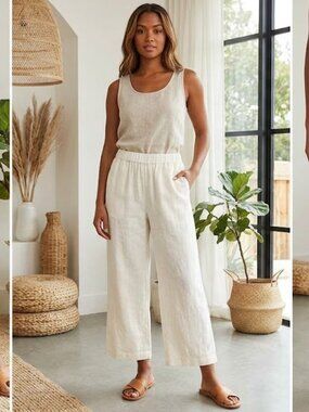 Hot Cotton Women's Cream Linen Cropped Wide-Leg Pants
